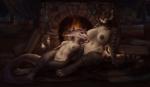 absurd_res anthro belly black_nipples book breasts candle cheek_tuft claws dark duo facial_tuft felid female female/female fire fireplace fur gemma_ssasen hair hi_res inside long_hair mammal navel night nipples nude pantherine pink_hair plant raventenebris reclining romantic romantic_ambiance romantic_couple sergal storm_(stormblazer) striped_body striped_fur stripes tail tiger tuft white_belly window