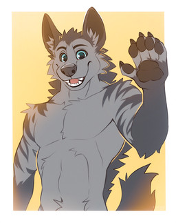 anthro arm_tuft black_pawpads black_sclera blue_eyes cheek_tuft facial_tuft fangs fingerpads front_view fur gesture grey_body grey_fur grey_nose looking_at_viewer male male_anthro nude open_mouth open_smile pawpads shoulder_tuft simple_background smile solo striped_arms striped_body striped_fur stripes teeth tuft waving waving_at_viewer yellow_background yookie canid canine hyena mammal striped_hyena half-length_portrait hi_res portrait
