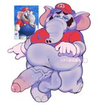 anthro balls belly big_penis blue_eyes bottomless clothed clothing erection facial_hair foreskin genitals gloves grey_body handwear male mustache navel obese overweight overweight_male penis proboscis_(anatomy) shirt solo topwear trunk trunk_(anatomy) vein veiny_penis hpyononyo mario_bros nintendo super_mario_bros_wonder elephant_mario mario elephant elephantid mammal proboscidean absurd_res hi_res