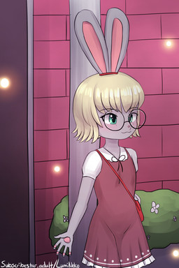 anthro biped clothed clothing dress eyebrows eyewear female flower glasses green_hair grey_body hair handbag night outside pawpads pink_nose plant red_clothing red_dress round_glasses short_hair shrub solo standing wearing_glasses young young_anthro young_female lumineko ambient_arthropod ambient_firefly ambient_insect lagomorph leporid mammal rabbit 2025 2:3