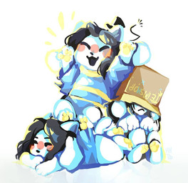 :3 black_hair blue_clothing blue_shirt blue_topwear blush box box_on_head cardboard cardboard_box clothing container digitigrade emanata frown group hair half-closed_eyes narrowed_eyes open_:3 open_mouth open_smile pattern_clothing pattern_shirt pattern_topwear pawpads raised_arms semi-anthro shirt simple_background smile striped_clothing striped_shirt striped_topwear stripes topwear trio white_background white_body yellow_emanata yellow_pawpads yellow_stripes undertale undertale_(series) temmie_(undertale) mammal tem