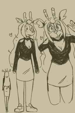 anthro blush blush_lines bottomwear breasts cleavage clothed clothing female footwear hair heart_symbol horn long_hair looking_at_viewer shoes skirt solo bbravaa phoebe_(bbravaa) deer mammal 2:3 hi_res sketch