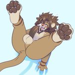 4_toes 5_fingers anthro balls biped blue_background bodily_fluids brown_body brown_fur brown_hair brown_mane brown_markings brown_nose brown_pawpads brown_penis brown_skin butt cum cum_on_chest cum_on_face cum_on_own_chest cum_on_own_face cum_on_own_tongue cum_on_self cum_on_tongue cumshot ejaculation erection eye_roll facial_markings featureless_chest feet fingers fur genital_fluids genitals gradient_background hair head_markings high-angle_view hindpaw humanoid_genitalia humanoid_penis legs_up light_body light_fur long_tail looking_pleasured lying male mane markings multicolored_body multicolored_fur nude on_back open_mouth open_smile pale_fur pawpads paws penis simple_background smile solo spread_legs spreading striped_body striped_fur stripes tail tan_balls tan_body tan_fur toes tongue upside_down coffeesoda orion_(horn_beams) felid lion mammal pantherine 2020 digital_media_(artwork) hi_res