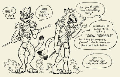 anthro armor blush bottomwear bulge clothed clothing flirting flirting_with_viewer loincloth male melee_weapon polearm shoulder_guards spear spots tail tail_motion tailwag text topless weapon critterdome felid leopard mammal pantherine english_text