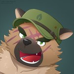 anthro black_nose brown_body brown_fur clothing eyebrows facial_scar fur green_eyes hat headgear headwear leaf looking_at_viewer male open_mouth scar solo teeth thick_eyebrows tongue littlehyper lifewonders tokyo_afterschool_summoners yasuyori_(tas) canid canine canis domestic_dog german_shepherd herding_dog mammal pastoral_dog 1:1 hi_res