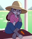 :3 anthro carrot clothed clothing female food hat headgear headwear looking_at_viewer open_clothing open_mouth open_shirt open_smile open_topwear pink_clothing pink_shirt pink_topwear plant shirt sitting smile solo topwear vegetable fantharubi disney zootopia judy_hopps lagomorph leporid mammal rabbit digital_media_(artwork) hi_res