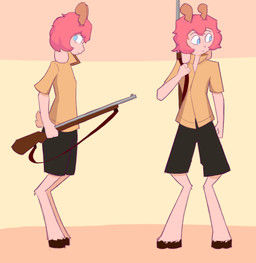 3_fingers anthro antlers blue_eyes bottomwear clothing collared_shirt digitigrade dress_shirt fingers gun hair holding_gun holding_object holding_ranged_weapon holding_weapon hooved_toes hooves horn male male_anthro musket pink_body pink_hair ranged_weapon scut_tail shirt short_tail shorts simple_background solo tail topwear weapon bleating_dip deer mammal absurd_res hi_res
