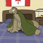 anthro bed bedding biped blanket canada canadian_flag female flat_chested furniture genitals inside kneeling nude on_bed pussy solo trout_(artist) lizard phrynosomatid reptile scalie spiny_lizard western_fence_lizard 1:1 2016