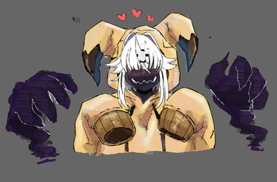 ambiguous_gender anthro bangs blush clothing hair long_sleeves simple_background smile solo sweater topwear white_hair juppi nintendo pokemon generation_7_pokemon mimikyu pokemon_(species) hi_res