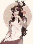 anthro antlers black_nose brown_eyes brown_hair eyewear fur glasses hair horn long_hair male pose simple_background sitting solo white_body white_fur mmorroxzks adam_(deexcoffee) deer mammal hi_res pinup