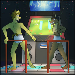 anthro briefs clothed clothing dancing duo grabbing_railing inside male nipples tail tighty_whities underwear underwear_only white_briefs white_clothing white_underwear fuze bemani dance_dance_revolution konami texnatsu adam_caro zack_(texnatsu) armadillo bobcat felid feline lynx mammal xenarthran 1:1 hi_res shaded