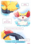 absurd_res bath blush bodily_fluids braixen butt butt_shot comic dark_text ellie_the_braixen english_text eyelashes eyes_closed fur generation_6_pokemon heart_after_text heart_symbol hi_res inner_monologue looking_pleasured male male_(lore) nikkibunn nintendo number open_mouth page_number pawpads pokemon pokemon_(species) purple_heart purple_text signature solo sweat teeth text text_box text_with_heart thick_eyelashes tongue water wet white_body white_fur yellow_body yellow_fur