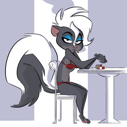 anthro barefoot big_tail biped black_body black_eyebrows black_eyes black_fur black_tail blue_eyeshadow bottomwear bra chair cigarette cigarette_in_mouth claws clothing eyebrows eyeshadow feet female flat_chested fluffy fluffy_tail frown fur furniture hair huge_tail long_tail looking_at_viewer makeup midriff multicolored_body multicolored_fur multicolored_tail navel object_in_mouth panties red_bottomwear red_clothing red_topwear red_underwear side_view simple_background sitting smoke smoking solo table tail toe_claws toes topwear two_tone_body two_tone_fur two_tone_tail underwear white_body white_fur white_hair white_tail fluttershythekind disney zootopia courtney_brushmarke fan_character mammal mephitid skunk striped_skunk 1:1 2017 digital_media_(artwork) hi_res