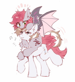 ambiguous_feral ambiguous_gender cutie_mark duo ear_tuft feral fur grey_body grey_fur membrane_(anatomy) membranous_wings quadruped red_body red_fur simple_background smile tuft white_background wings swaybat hasbro my_little_pony swaybat_(oc) bat_pony equid mammal 2025 digital_drawing_(artwork) digital_media_(artwork) hi_res