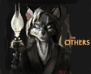 anthro blue_eyes darkness female fur grey_body grey_fur hair horror_(theme) horror_movie lamp lantern markings movie_poster scared solo white_body white_fur jeri_kleinlowe ylma_(biers) canid canine canis mammal wolf 2026 absurd_res hi_res