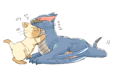 :3 ambiguous_gender anthro beak blue_body blue_fur brown_body brown_fur chibi claws countershading duo eyes_closed feral fur hug larger_feral lying simple_background size_difference smaller_anthro tail text white_background wings yoichi_sugou capcom monster_hunter felid felyne flying_wyvern lynian mammal nargacuga palico 2023 digital_media_(artwork) japanese_text