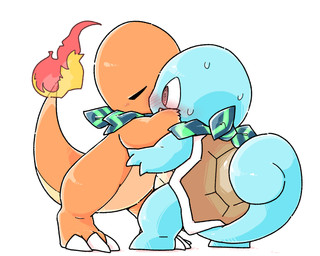 3_fingers 5_fingers ambiguous_gender blue_body blush bodily_fluids clothing duo feral fingers fire flaming_tail flustered green_scarf harmony_scarf kissing orange_body pattern_clothing pattern_scarf pupils red_pupils scarf simple_background sweat sweatdrop tail white_background chaba nintendo pokemon pokemon_mystery_dungeon spike_chunsoft charmander generation_1_pokemon pokemon_(species) squirtle 5:4 hi_res
