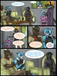 3:4 anthro azrel_(icy-marth) black_body black_fur black_hair black_scales blue_body blue_fur blue_hair canid canine chair comic daedalus_vindryal dialogue dragon drulttur english_text felid feline female fur furniture hair hi_res horn hybrid icy-marth icy_(icy-marth) male mammal mythological_creature mythological_scalie mythology scales scalie semura_(character) sofa tail text