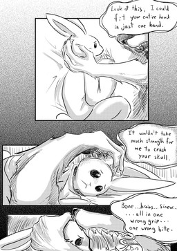 anthro bed big_hands bottomwear claws clothing dialogue duo female furniture long_ears lying male on_side pants sweater text threatening topwear worried dragonweirdo beastars haru_(beastars) legoshi_(beastars) canid canine canis lagomorph leporid mammal rabbit wolf absurd_res comic english_text hi_res monochrome