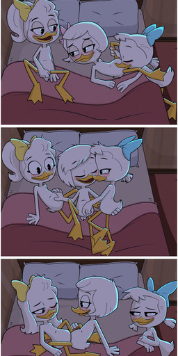 anthro bedroom_eyes blush bow_(feature) cunnilingus eyes_closed featureless_chest featureless_crotch feet female female/female flat_chested group hair kissing masturbation membrane_(anatomy) mini_comic narrowed_eyes nude oral rubbing seductive sex short_hair smile spread_legs spreading tail toes tribadism trio vaginal webbed_feet white_body young young_anthro young_female mopgoblin disney ducktales ducktales_(2017) june_duck may_duck webby_vanderquack anatid anseriform avian bird duck comic hi_res incest_(lore) sibling_(lore) sister_(lore) sisters_(lore) triplets_(lore)