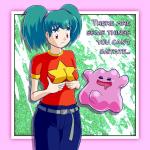 blue_hair bodily_fluids breast_grab breasts bulge drooling duo erection eyes_closed female genitals hair hand_on_breast male not_furry penis pigtails red_eyes saliva text unknown_artist nintendo pokemon duplica_(pokemon) ditto_(pokemon) generation_1_pokemon goo_creature human mammal pokemon_(species) 1:1 english_text hi_res