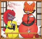 anthro big_breasts breasts cup_of_tea duo fangs female looking_up pillow smile teeth wide_hips jhenightfox nintendo pokemon julie_(jhenightfox) canid canine fox generation_5_pokemon mammal pokemon_(species) zoroark hi_res