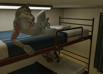 anthro autofellatio bed being_watched brown_body brown_fur bunk_bed duo eyes_closed fur furniture genitals grey_body grey_fur humanoid_genitalia humanoid_penis jewelry leaning_on_wall looking_at_another looking_pleasured lying male markings masturbation mostly_nude nude nude_male on_back on_side oral oral_masturbation penile penile_masturbation penis red_markings white_body white_fur waninggibbous dollymolly323_(modeler) epic_games fortnite fletcher_kane wendell_(fortnite) canid canine canis mammal wolf 2026 3d_(artwork) absurd_res blender_(artwork) digital_media_(artwork) hi_res