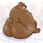 anthro belly big_butt blush bodily_fluids brown_body brown_fur butt embarrassed fur jewelry looking_at_viewer looking_back male necklace nude overweight overweight_anthro overweight_male rear_view sitting solo sweat kai_lionbear mihoyo zenless_zone_zero ben_bigger bear mammal 1:1 hi_res