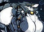 anthro big_breasts big_butt breasts butt cybernetic_arm cybernetic_limb cybernetics female fur huge_breasts hyper hyper_breasts lights machine simple_background solo tail thick_thighs visor white_body white_fur dirtyscoundrel gear_(dirtyscoundrel) cyborg sergal digital_media_(artwork) hi_res signature