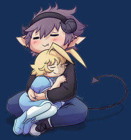 blonde_hair blush bottomwear chibi claws clothed clothing crossed_legs crosslegged_pose cuddling denim denim_bottomwear denim_clothing dress duo ear_piercing eyebrows eyes_closed fangs female finger_claws footwear hair horn hug jeans male pants piercing pointy_ears purple_hair shirt shoes sitting smile spade_tail tail teeth topwear young uluri sin_(uluri) zozo demon demon_humanoid horned_humanoid human humanoid mammal alpha_channel colored digital_media_(artwork) hi_res