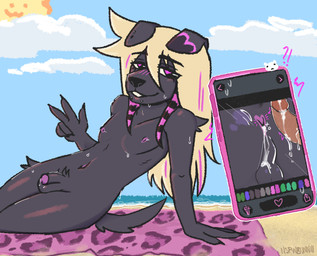 anal anthro balls beach beach_towel black_body black_fur blonde_hair blush bodily_fluids bulge cum cum_dripping_from_ass cum_in_ass cum_inside cum_on_balls cum_on_penis duo electronics eyewear femboy flaccid fur genital_fluids genitals glistening glistening_body hair humanoid_genitalia humanoid_penis looking_at_viewer male male/male navel nipples nude oblivious outside penis phone posing_for_picture ruined_reputation sand smile sunglasses sweat towel water nsfwbunniii canid canine mammal absurd_res hi_res