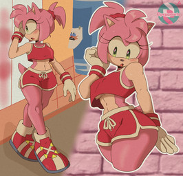 athletic_wear blush bodily_fluids bottomwear breasts brick brick_wall clothing drawstring_bottomwear female footwear gloves green_eyes hair_up handwear hotpants medium_breasts nipple_outline open_mouth shirt shoes shorts solo sweat tank_top topwear under_boob wall_(structure) pepamintop sega sonic_the_hedgehog_(series) amy_rose eulipotyphlan hedgehog mammal 2026 digital_drawing_(artwork) digital_media_(artwork) hi_res portrait three-quarter_portrait