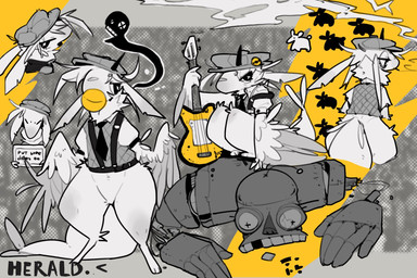 anthro clothing electric_guitar feathers guitar hat headgear headwear machine male musical_instrument plucked_string_instrument solo string_instrument tail text wings tobydoge avian bird ghost robot spirit 3:2 character_name english_text greyscale hi_res monochrome spot_color