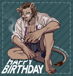 anthro boxers_(clothing) bulge cigarette clothed clothing eyewear glasses happy_birthday looking_at_viewer male smoking solo topwear underwear msdk_max beastars ibuki_(beastars) felid lion mammal pantherine 2019