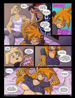 anthro areola biped bite biting_lip black_nose breasts detailed_background dialogue duo eyebrows female fur hair male nipples orange_hair sitting smile speech_bubble tan_body tan_fur text under_boob yellow_body yellow_fur conditional_dnp kadath dynamite_(kadath) rory_(kadath) bird_dog canid canine canis cheetah domestic_dog felid feline hunting_dog labrador mammal retriever 2025 comic english_text hi_res url