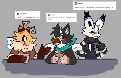 2_antennae 4_fingers antennae_(anatomy) anthro black_body black_clothing black_ears black_fur black_sclera black_topwear blush blush_stickers brown_clothing brown_topwear clothed clothing ear_tuft fingers fur fur_tuft group holding_object horn initials insect_wings multicolored_horn open_mouth pattern_clothing pattern_sweater pattern_topwear striped_clothing striped_horn striped_sweater striped_topwear stripes sweater text topwear trio tuft two_tone_horn username wings yellow_body toiletpaperhgha mythology tumblr vtuber i.v._(ivycomb) retro_(ivycomb) arthropod bee dragon equid equine horse hybrid hymenopteran insect mammal mythological_creature mythological_scalie scalie unknown_species english_text signature nonbinary_(lore)