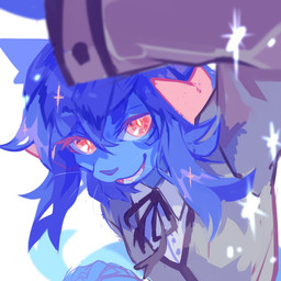 anthro blue_body blue_ears blue_hair clothed clothing female grey_clothing grey_topwear hair looking_at_viewer open_mouth open_smile pink_tongue pupils red_eyes sharp_teeth simple_background smile solo teeth tongue topwear unsigned white_clothing white_pupils white_topwear corzh77 domestic_cat felid feline felis mammal 1:1 colored_sketch sketch