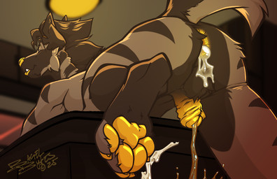 anal_beads anthro bagel bodily_fluids bread brown_body claws disembodied_penis finger_paws fingerpads flaccid food genital_fluids genitals male pawpads peeing penis sex_toy urine watersports yellow_body yellow_claws yellow_eyes yellow_skin hyena mammal striped_hyena hi_res