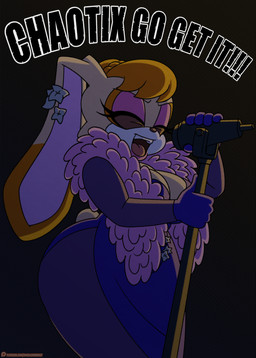 anthro breasts cleavage clothed clothing dress electronics eyes_closed eyeshadow feather_boa female makeup microphone open_mouth singing solo text omegasunburst sega sonic_the_hedgehog_(series) vanilla_the_rabbit lagomorph leporid mammal rabbit english_text hi_res