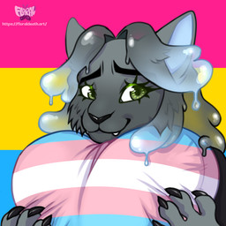 anthro female fur green_eyes grey_body grey_fur hair heart_pillow lgbt_pride looking_at_viewer pansexual_pride_colors pillow pride_colors slime solo transgender_pride_colors translucent translucent_hair floraldeath nikol_(nowonplays) domestic_cat felid feline felis goo_creature goo_humanoid humanoid mammal 1:1 absurd_res hi_res