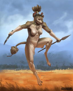 breasts featureless_breasts featureless_crotch female fighting_pose fluffy fluffy_tail jumping knife melee_weapon navel neck_tuft nude polearm pose scar solo spear tail tribal tuft weapon white_body buckovskiart hyena mammal hi_res