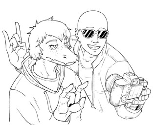 anthro bald camera claws clothing devil_horns_(gesture) duo eyelashes eyewear female fingers freckles gesture hair hand_gesture hoodie jacket male short_hair smile snout sunglasses teeth topwear trejoshurtado cavemanon_studios i_wani_hug_that_gator inco_(iwhtg) olivia_halford baryonyx dinosaur human mammal prehistoric_species reptile scalie spinosaurid theropod 2023 black_and_white hi_res monochrome