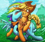 blonde_hair blush braided_hair clothing cowboy_hat cutie_mark day duo eyebrows eyelashes eyes_closed female female/female feral feral_on_feral grass green_eyes hair hat headgear headwear hooves kissing_cheek multicolored_hair outside plant quadruped rainbow_hair tree wings stencil_(artist) friendship_is_magic hasbro my_little_pony mythology applejack_(mlp) rainbow_dash_(mlp) earth_pony equid equine horse mammal mythological_creature mythological_equine pegasus pony absurd_res hi_res signature