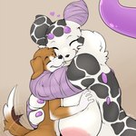 anthro areola big_areola big_breasts breasts duo female fur heart_symbol hug huge_breasts larger_female male neck_tuft nipples size_difference smaller_male spots tail tail_motion tailwag tuft white_body white_fur nightfaux bandai_namco digimon lamont_(fursona) specimen_17_(nightfaux) canid canine canis digimon_(species) domestic_dog homunculus hybrid mammal renamon 1:1