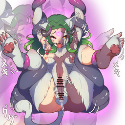 bodily_fluids breasts breath corruption cum cum_in_vagina cum_inside fth_transformation fti_transformation fur fur_growth gender_transformation genital_fluids genital_growth genitals green_hair growth hair herm human_to_anthro ineffective_censorship intersex looking_at_viewer navel nipples pawpads penis_growth pink_eyes restrained restrained_by_tentacles sackless solo species_transformation tail tail_growth tears tentacles tongue tongue_out transformation vulva white_body white_fur semiitu felid human mammal 1:1 2021 censored hi_res