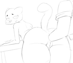 anal anal_fisting anal_penetration anthro bent_over butt duo female fisting genitals half-closed_eyes looking_at_viewer looking_back male male/female mature_anthro mature_female narrowed_eyes nude penetration simple_background solo_focus thick_thighs vulva white_background wide_hips zambs cartoon_network the_amazing_world_of_gumball nicole_watterson richard_watterson domestic_cat felid feline felis mammal 2019 digital_media_(artwork) hi_res monochrome