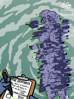 ambiguous_gender anthro bouncer clipboard clothing coat dialogue genitals glitch pen_(object) penis reality_shift simple_background solo text topwear transformation trenchcoat unaware_transformation writing_text frooby aria_stormwood_(frooby) avian bird finch kobold oscine passerine scalie 3:4 absurd_res chromatic_aberration english_text hi_res signature