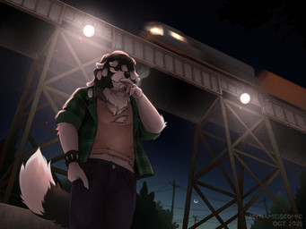 bridge clothed clothing drugs evening marijuana moon outside smoking smoking_marijuana spotlight torn_clothing train vehicle mynameiscomic canid canine canis domestic_dog great_dane mammal mastiff molosser