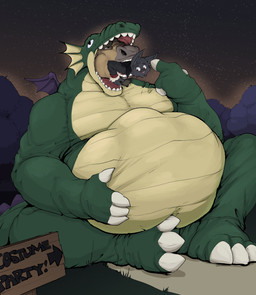 anthro brown_body brown_fur claws feet_first fur green_body group holidays male multiple_prey nude_pred oral_vore recursive_vore sign text trio vore pandottermon halloween mythology boss_hoss_(pandottermon) bat dragon equid equine horse mammal mythological_creature mythological_scalie scalie colored hi_res