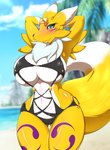 anthro big_breasts bikini blush breasts clothing female fur imminent_wardrobe_malfunction looking_at_viewer solo swimwear tuft two-piece_swimsuit white_body white_fur yellow_body yellow_fur kemojin bandai_namco digimon canid canine digimon_(species) mammal renamon hi_res